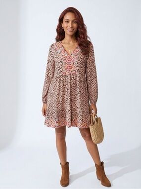 Perfectly Priscila Neutral Leopard Print V-Neck Long Sleeve Mini Dress